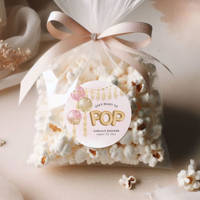 "Ready to Pop" Floral Baby Shower Balloons Classic Round Sticker (Creator Uploaded)