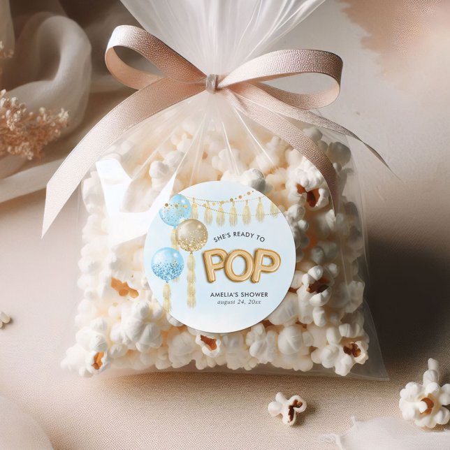 "Ready to Pop" Floral Baby Shower Balloons Classic Round Sticker (Creator Uploaded)