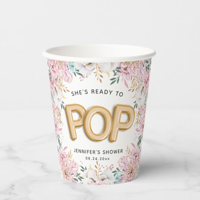 "Ready to Pop" Floral Baby Shower Balloons Paper Cups (Front)