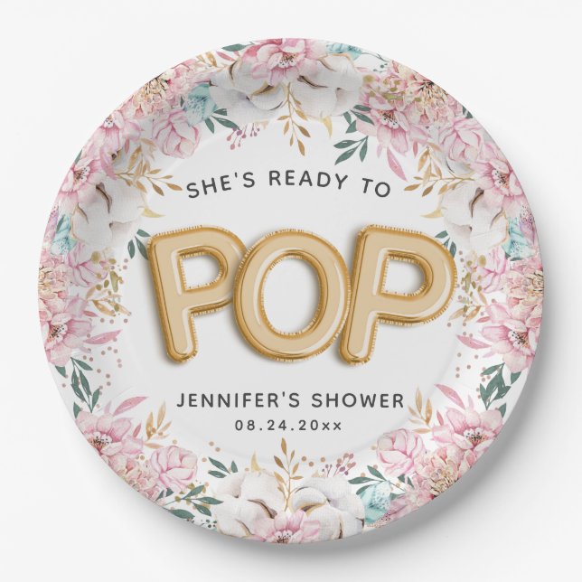 "Ready to Pop" Floral Baby Shower Balloons Paper Plates (Front)