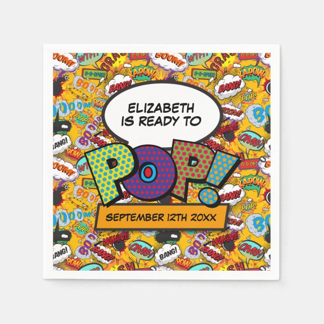 Ready To Pop Fun Modern Comic Book Baby Shower Napkins (Front)