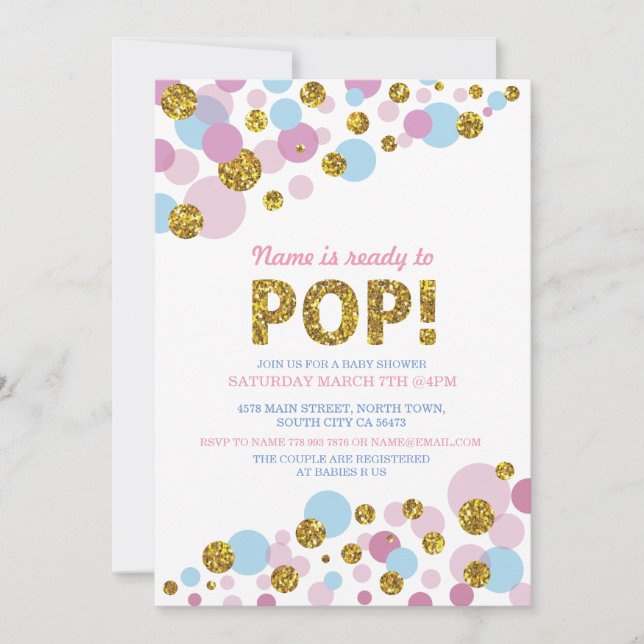 Ready to Pop Gender Reveal Baby Shower Gold Invite (Front)