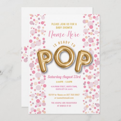 Ready to POP Girl Baby Shower Gold  Pink Invite
