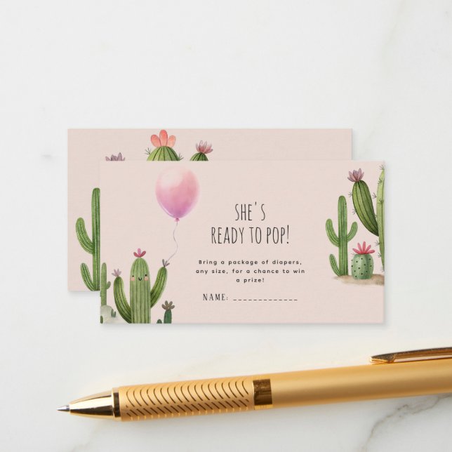 Ready to Pop Girl Balloon Cactus Green Baby Shower Enclosure Card (Front/Back In Situ)