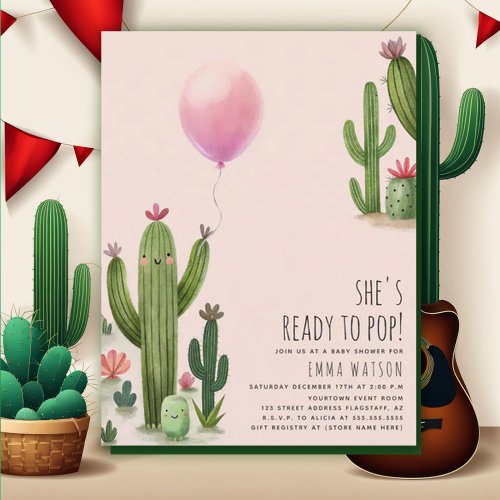 Ready to Pop Girl Balloon Cactus Green Baby Shower Invitation