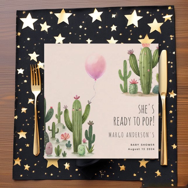 Ready to Pop Girl Balloon Cactus Green Baby Shower Napkins (Creator Uploaded)