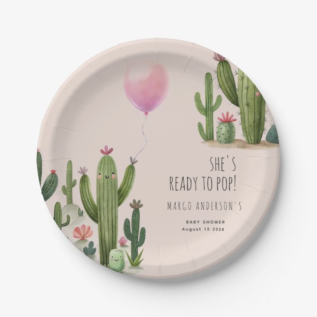 Ready to Pop Girl Balloon Cactus Green Baby Shower Paper Plates (Front)