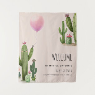 Ready to Pop Girl Balloon Cactus Green Baby Shower Tapestry