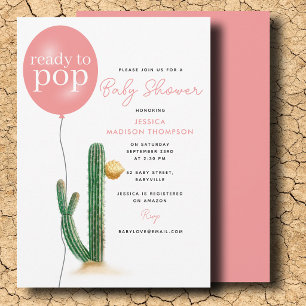 Ready to Pop Girl Cactus Balloon Baby Shower Invitation