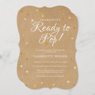 Ready To Pop Gold Hearts Baby Shower Rustic Kraft Invitation