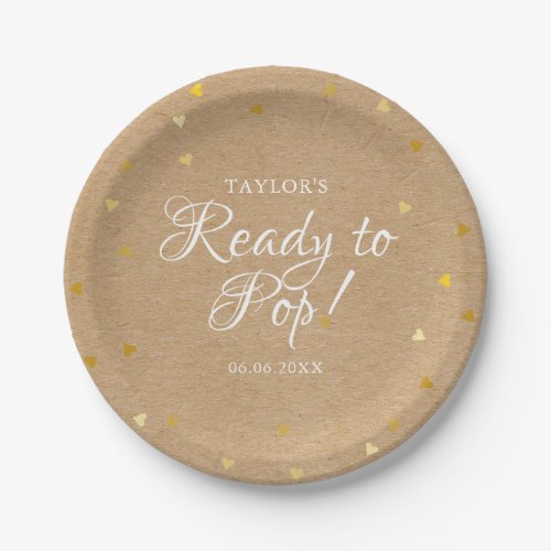 Ready To Pop Gold Hearts Baby Shower Rustic Kraft Paper Plates