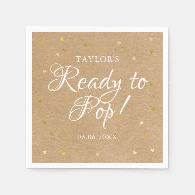 Ready To Pop Gold Hearts Confetti Baby Shower Napkins (Front)