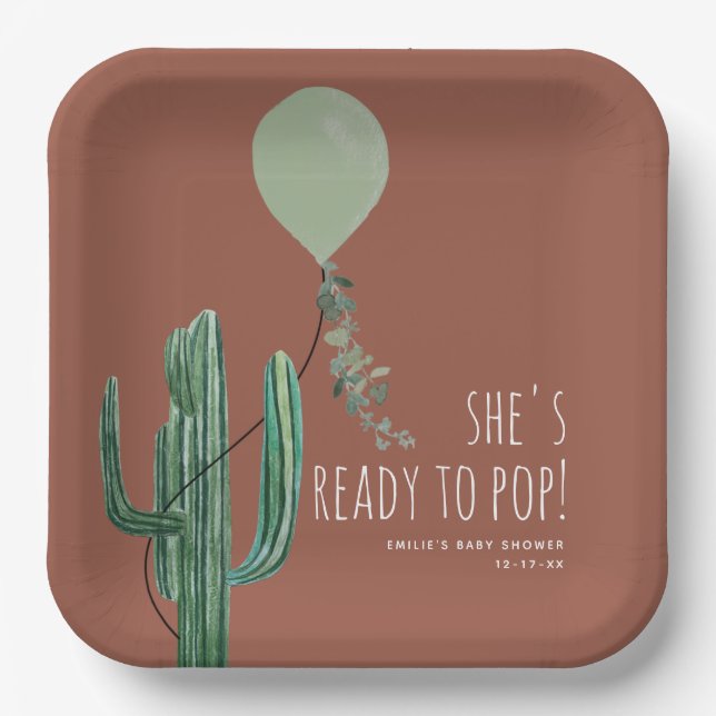 Ready to Pop Green Balloon Cactus Terracotta Baby Paper Plates (Front)