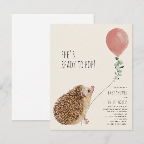 Ready to Pop Hedgehog Pink Balloon Baby Shower Invitation