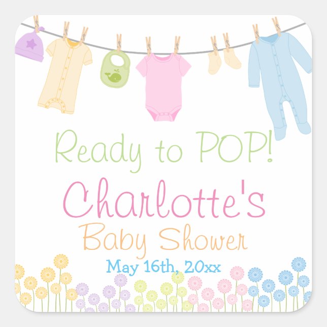 Ready To POP! Little Clothes Baby Shower Party Square Sticker (Front)