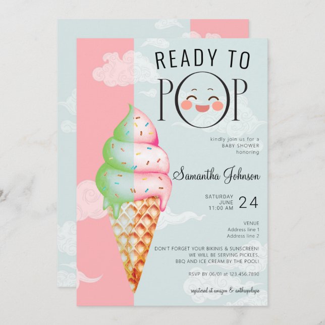 Ready to Pop Mint & Pink Ice Cream Baby Shower Invitation (Front/Back)
