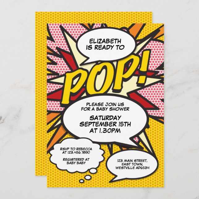 Ready to Pop Modern Fun Comic Baby Shower Invitation (Front/Back)
