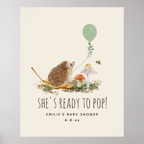 Ready to Pop Mushrooms Hedgehog Baby Shower Green Poster