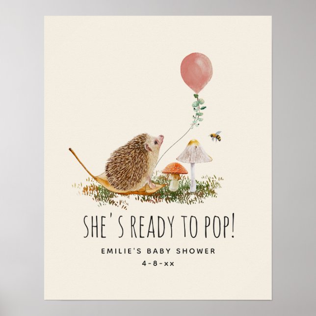 Ready to Pop Mushrooms Hedgehog Baby Shower Pink Poster (Front)