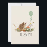Ready to Pop Mushrooms Hedgehog Baby Shower Thank You Card<br><div class="desc">Illustration of a hedgehog holding a green balloon on a string decorated with eucalyptus greenery.  Hedgehog is sitting on leaf in grass next to mushrooms with bee.  "Ready to pop" theme.</div>