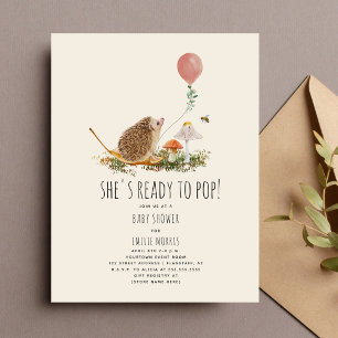 Ready to Pop Mushrooms Hedgehog Balloon Girl Baby Invitation