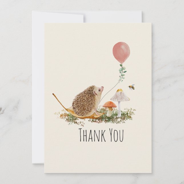Ready to Pop Mushrooms Hedgehog Balloon Girl  Thank You Card (Front)