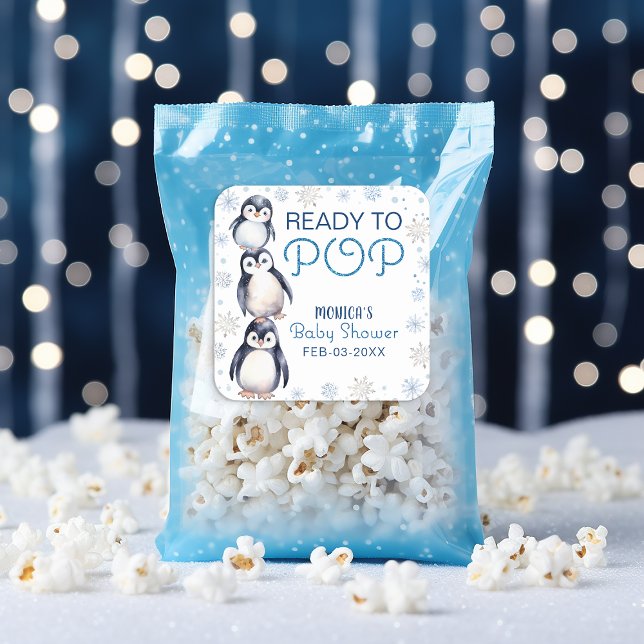 Ready to Pop Penguin Baby Shower Sticker (Popcorn favor labels )