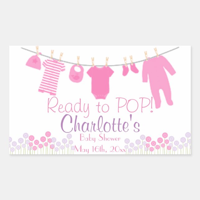 Ready to POP! Pink Baby Clothesline Baby Shower Rectangular Sticker (Front)