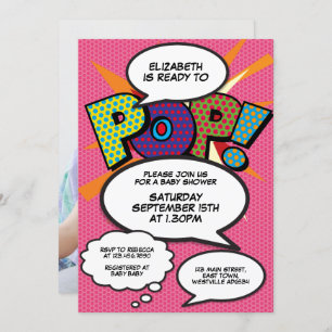 Ready to Pop Pink Baby Shower Comic Book Photo Invitation