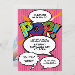 Ready to Pop Pink Baby Shower Comic Book Photo Invitation