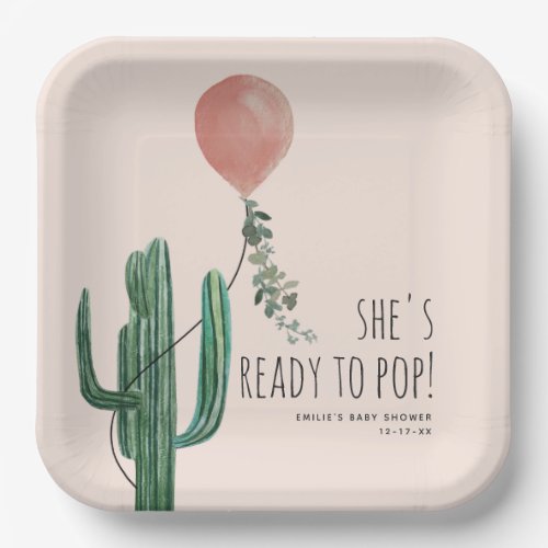 Ready to Pop Pink Balloon Cactus Girl Baby Shower Paper Plates