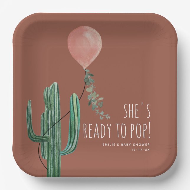 Ready to Pop Pink Balloon Cactus Girl Terracotta Paper Plates (Front)