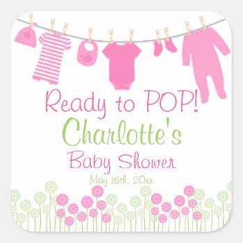 Ready To Pop! Pink Clothesline Baby Shower Square Sticker by LaBebbaDesigns at Zazzle