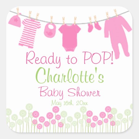 Ready To Pop! Pink Clothesline Baby Shower Square Sticker