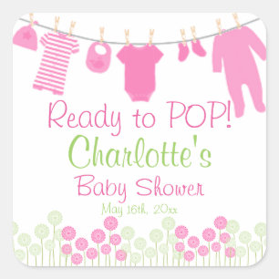 Ready to POP! Pink Clothesline Baby Shower Square Sticker