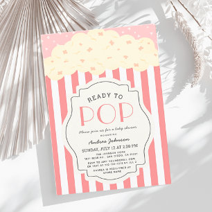 Ready to Pop Popcorn Pink Stripe Girl Baby Shower Invitation