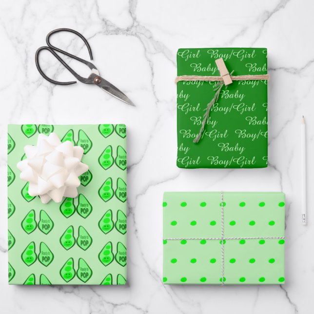 Ready to Pop Pregnant Green Pea Baby Shower Wrapping Paper Sheets (Front)