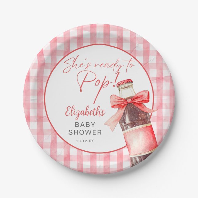 Ready To Pop Red Bow Soda Bottle Baby Shower Paper Plates (Front)