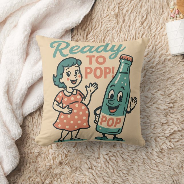 Ready to Pop Retro 1950s Maternity Baby Shower  Throw Pillow (Blanket)