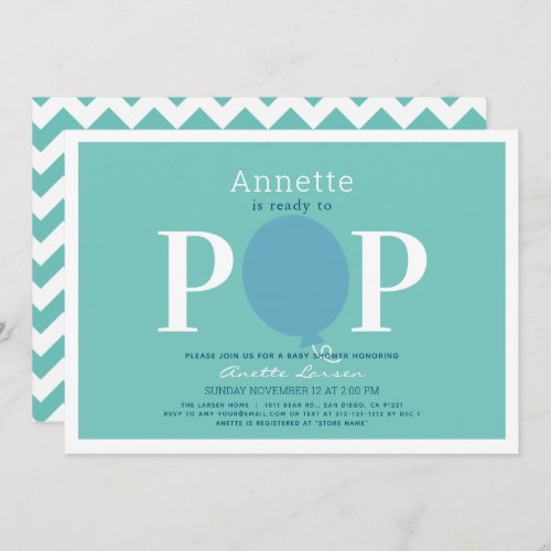 Ready to Pop Turquoise Blue Balloon Baby Shower Invitation