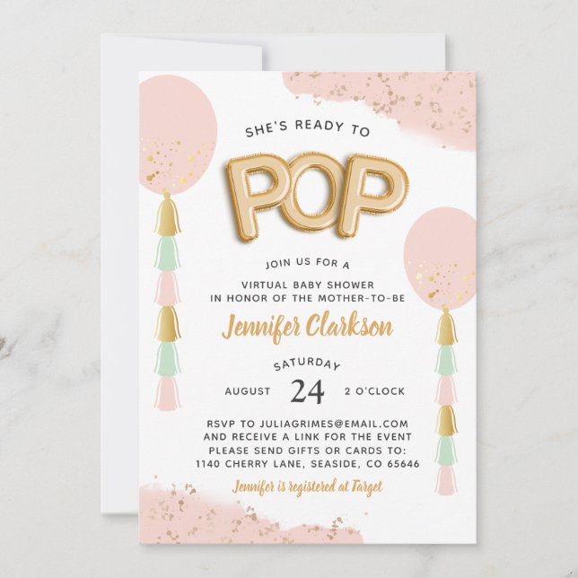 "Ready to Pop" Virtual Baby Shower Balloons Invitation (Front)