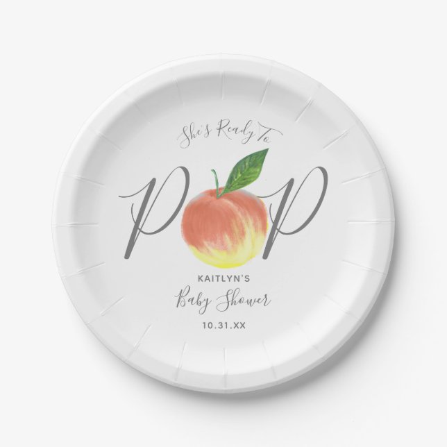 Ready To Pop Watercolor Peach Baby Shower Paper Plates (Front)