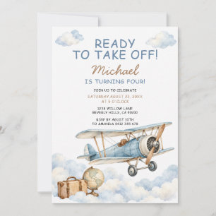 Ready to Take Off Vintage Airplane 4th Birthday Invitation