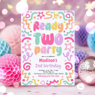 Ready Two Party Confetti Balloon 2nd Birthday Invitation