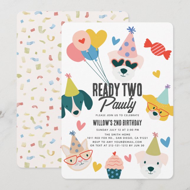 Ready Two Pawty Dogs & Cat Balloons 2nd Birthday Invitation (Front/Back)