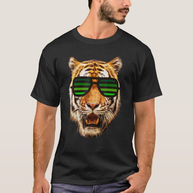 Real Cool Tiger For Boy With Green Striped Sunglas T-Shirt (Front)