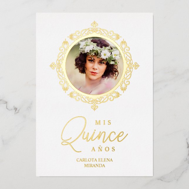 Real Dorado XV Spanish Photo Lace Effect Foil Invitation (Front)