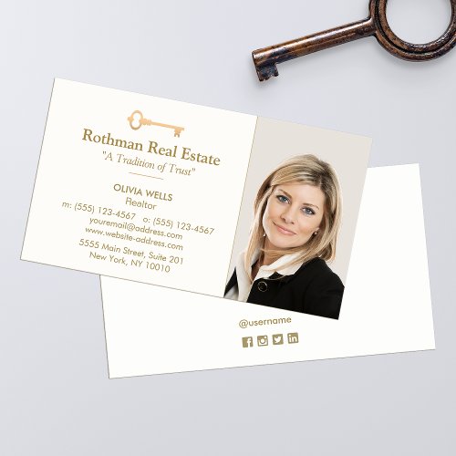 Real Estate Agent  Add Photo Key Logo Business Business Card