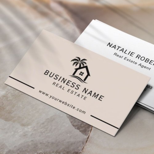Real Estate Agent Beach House Logo Blush Pink Business Card
