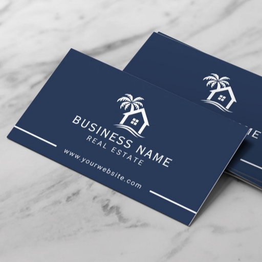Customizable Real Estate Agent Beach House Logo Navy Blue Business Card
